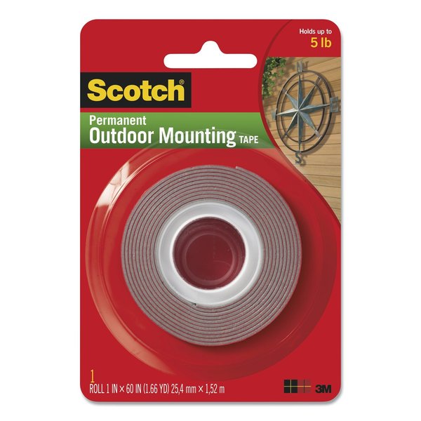 Scotch Exterior Weather-Resistant Double-Sided Tape, 1" x 60", Gray 411S